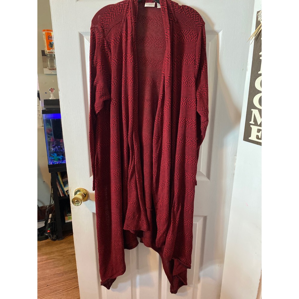 Cato Woman Duster Cardigan Burgundy Black Geometric Knit Open Front Size 22/24W